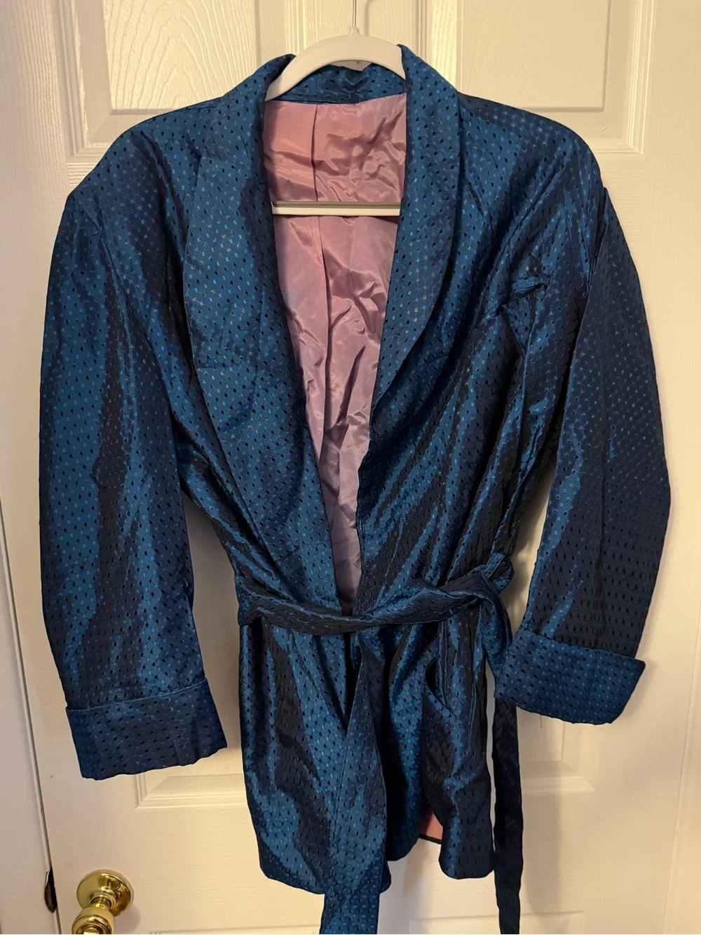 Vintage Smoking jacket Blue Textured Satin Tie-Waist Jacket size Medium